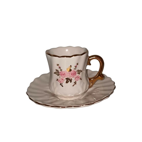 Vintage Porcelain Demitasse Cup & Saucer – Pink Rose Floral – Shabby Chic - Picture 1 of 2